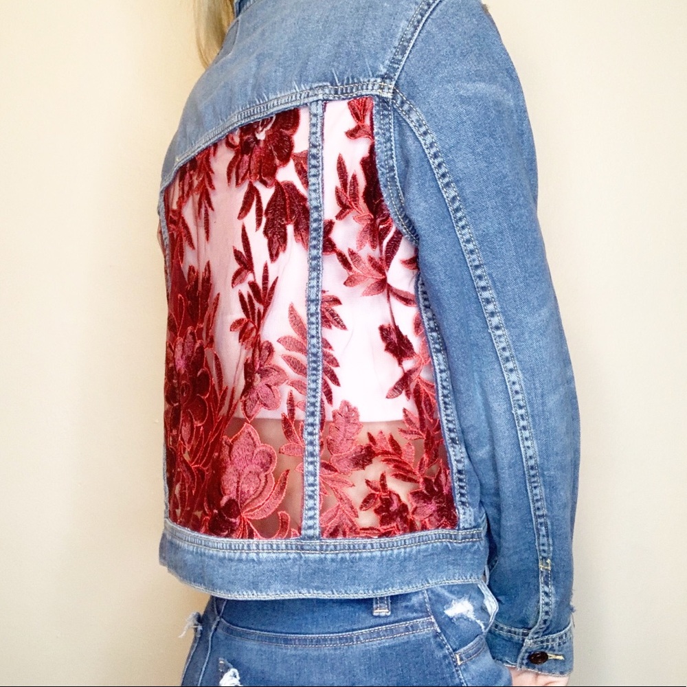 RED FLORAL LACE Patterned Distressed Denim Jacket - Picture 3 of 7